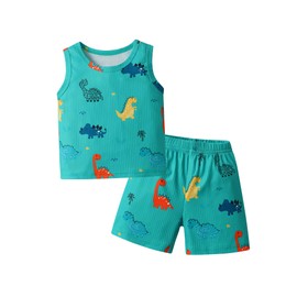 Openatey Toddler Infant Baby Boy Summer Clothes Little Kids Sleeveless Dinosaur Print Tank Top Shorts 2Pcs Outfits Set 2-3T Blue