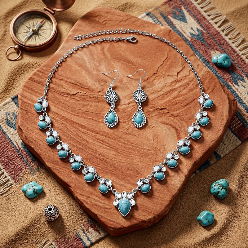 EARENT Boho Teardrop Turquoise Jewelry Set Western Necklace Dangle Earrings