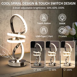 EIDISUNY RGB Spiral Table Lamp, Modern LED Table Lamp, Chrome Cool Bedside Lamps, 7 Colors & 10 Light Modes Touch Dimmable LED Nightstand Lamp with USB/Type C for Bedroom, Living Room,Silver