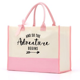 XHK And So The Adventure Begins Tote Bag, Bride Wedding Shower Engagement Gifts for Couples Retirement Beach Trip Gifts Canvas Tote Bags for Women, Reusable Shopping Tote Bags for Women (Pink)