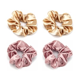 4 Pcs Scrunchies for Women, Pink & Champagne Gold Soft Silk Scrunchies, Premium Satin Scrunchie Ponytail Holder, Hair Scrunchies for Women, Elastic Hair Ties for Long Fine & Thick Curly Hair Girls