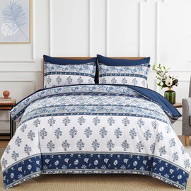 WONGS BEDDING Boho Comforter Set King Size, Bohemian Striped Comforter for King Bed in A Bag, 7 Pieces Navy Blue Comforter Set Soft Lightweight Microfiber Bedding Set for All Season(104"X90")