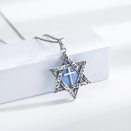 ABIGY Star of David Necklace, 925 Sterling Silver Star of David Necklace with Cross Opal Pendant Chai Necklace Hexagram Star of David Chain Jewish Amulet Jewellery Gifts for Men Women, Sterling Silver