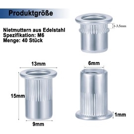 QZKJQDD Pack of 40 Rivet Nuts M6, Insert Nuts M6 Flat Head Thread Rivet Nutsert Rivet Nutsert Rivet Nuts, Attachment Rivet Nuts Set Used for Metal Plates, Pipes etc