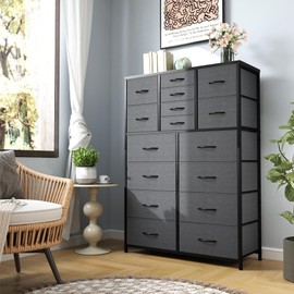 Bepatio 16 Drawers Dresser for Bedroom 57" H Tall Dressers for Bedroom Large Fabric Dressers & Chest of Drawers with Sturdy Metal Frame, Wood Top, Closet, Entryway, Hallway (Grey)