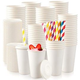 Havawish 100 Sets 16oz Disposable Paper Cups with Lids and Straws Disposable Coffee Cups for Juice, Coffee, Tea Home Office Picnic Party