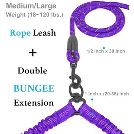 iYoPets Double Dog Leash with Two Extra Traffic Handles, 360 Swivel No Tangle Dual Dog Walking Leash, Comfortable Shock Absorbing Reflective Bungee for Two Dogs (18~120 lbs, Purple)