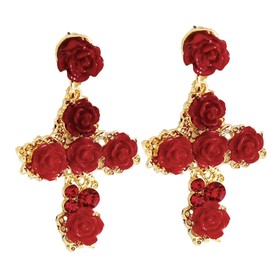 Bemous Red Rose Cross Earrings Gold Gothic Flower Dangle Earring Floral Cross Earring Jewelry for Women