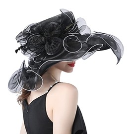 IBLUELOVER Womens Organza Fascinators Hat Wide Brim Bridal Wedding Cap Summer Church Hat Elegant Travel Hat Flower Beach Sun Protection Cap British Tea Party Hat Black
