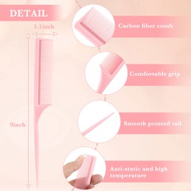 Leinuosen 3 Pack Rat Tail Combs Fine Tooth Parting Tip for Women Carbon Fiber Heat Resistant Anti Static Teasing for Back Combing Root Teasing Adding Volume Evening Styling(Pink, Yellow, Green)