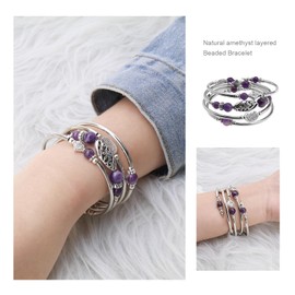 SING F LTD Layered Bohemian Bracelets Amethyst Beaded Chakra Bangle Bracelet Silver Layered Wrap Bracelet Fashion Jewellery Gifts for Women Ladies Friends
