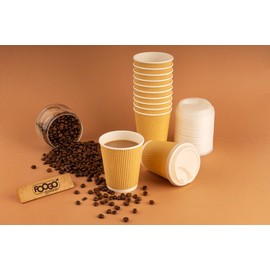 FOOGO Green 25x 10oz Disposable Paper Coffee Cups with Lids, FSC® Certified, Fully Compostable, Strong Triple-Wall Brown Paper Cups with Secure Lids, for Hot Drinks, Takeaway Coffee Cups, Party Cups