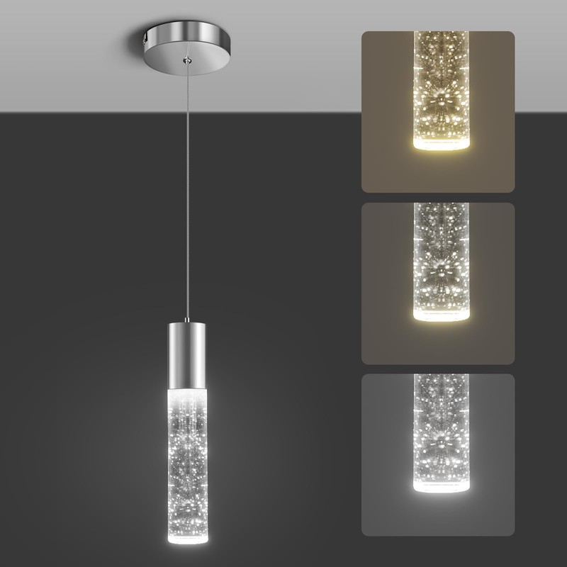 OKELI Modern Pendant Light,3 Color LED Bubble Crystal Island Light