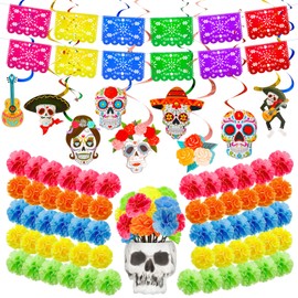 132 Pcs Mexican Dia De Los Muertos Decor Include 100 Pcs Faux Marigold Flower 12 Pcs Dia De Los Muertos Mexican Plastic Banner 20 Pcs Day of the Dead Hanging Swirl Decorations(Assorted Color)