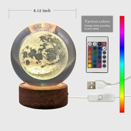 TUUWAI 3D Moon Crystal Ball 3.15" with LED Lamp Colorful Wooden Base Night Light with Removable Glow Ball Color Changing Light with Remote as a Crystal Ball for Boy Friends (3-Moon, 3.15" (Inch))