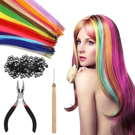 BOULESENM 50 Stück Bunte Haarsträhnen Kinder, Extension Bunt, Bunte Haarverlängerungs Set, Clip Extension Bunt, Haarteil Zange Häkchen mit 150 Perlen Ponytail Braids Clip