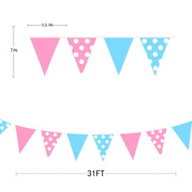32Ft Pink Blue Polka Dot Fabric Bunting Banner Party Decorations Polka Dots Triangle Flag Pennant Garland for Gender Reveal He or She Boy or Girl Birthday Baby Shower Anniversary Outdoor Garden Decor