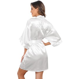 goodmansam Women's Satin Kimono Robe with Silver Rhinestones Bride Bridesmaid Robes for Wedding Party Robe Getting Ready