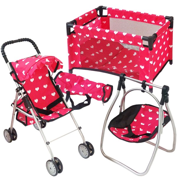 Baby Doll Accessories Set - 3-1 Baby Doll Furniture Set with Baby Doll Stroller, Baby Doll Crib, Baby Doll Swing - Baby Doll Bed Set for 18” Doll - Play Baby Doll Toys for 18" Dolls