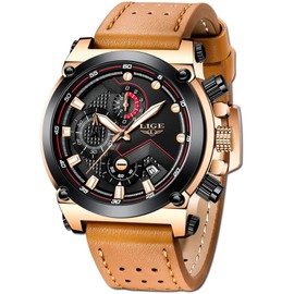 LIGE Men's Fashion Sport Quartz Watch with Brown Leather Strap Chronograph Waterproof Auto Date Analog Black Men Wrist Watches