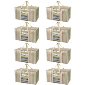 BALEINE 8-Pack Oversized Moving Bags with Reinforced Handles, Heavy-Duty Storage Tote for Clothes, Moving Supplies (Color Stripe with Window, 8-Pack)