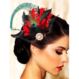 Yokawe 1920s Peacock Feather Hair Clip Red Flapper Gatsby Fascinator Headpiece for Women