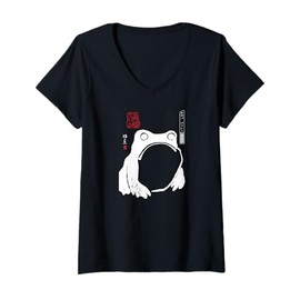 Womens Japanese Frog Art Vintage Sumi-e Ink Painting Zen V-Neck T-Shirt