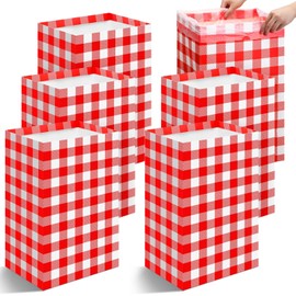 Yungyan 6 Pack Disposable Trash Cans for Parties 13 Gallon Large Portable Garbage Cans with Fitted Bags Red White Plaid Cardboard Recycling Bins for Events Kitchen Picnic Camping, 21.6" x 13.5" x 10"