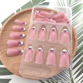 White French Tip Press on Nails Almond Medium Fake Nails with Red Bow Design Glue on Nails Pink Full Cover Nails Press ons Acrylic False Nails Glossy Artificial Stick on Nails for Women 24 Pcs