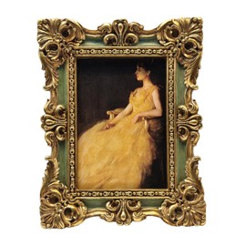 CISOO - Marco de fotos pequeño clásico de 2.5 x 3.5 pulgadas, marco de fotos antiguo, color verde y dorado, para mesa y exhibición de pared, diseño floral decorativo, decoración retro del hogar,