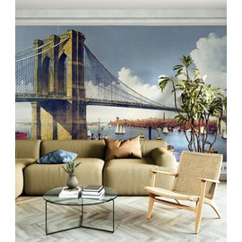 Vintage Brooklyn Bridge Illustration Wallpaper Mural - The Great East River Suspension Bridge for Living Room. Office Wall Art. Bedroom Wallpaper. #6408