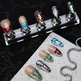 Almond Press on Nails Handmade Medium Long/Stiletto 3D Flower Fake Nail with Designs, Women Reusable False Nails (French Tip Silver, M)