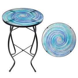 MUMTOP Outdoor End Tables for Patio, The Milky Way Small Round Side Table, Glass Accent Table for Outside, Garden, Balcony, Porch, Indoor Home Decor