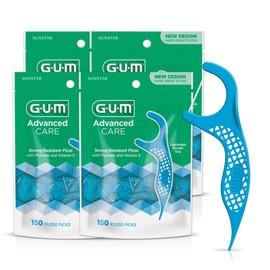 GUM Advanced Care Floss Picks - Dental Flossers for Adults with Vitamin E and Fluoride - Extra Strong Shred-Resistant Dental Floss, Easy Grip Handle, Fresh Mint Flavor, 150 Count (Pack of 4)