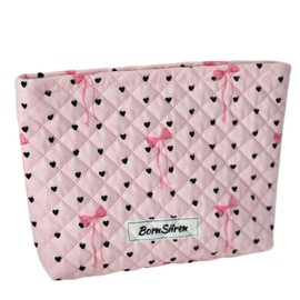 BornSiiren Quilted Makeup Bag Pink Bow Cosmetic Bag for Women Coquette Aesthetic Toiletry Bag Pouch Purse Organizer Travel Accessories Storage with Lining