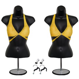 DisplayTown 2 Black Female Mannequin Hollow Back Body Torso Set w/ Clothes Clips, Metal Stands and Metal Poles & Hanging Hooks, S-M Sizes