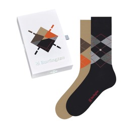 Burlington Men's Basic Gift Box M So Cotton Patterned Socks (Pack of 2), Multicoloured Black Beige 0039