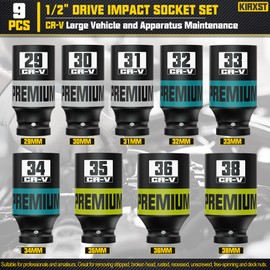 KIRXST 9 Piece 1/2" Drive Impact Socket Set, Metric Axle Nut Sockets, 29-38mm Thicker Jumbo Sockets, Socket Set, 6 Point, Cr-V Steel for Auto Repair