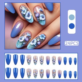 24Pcs Dark Blue Press on Nails Medium Almond Fake Nails Spring Full Cover Acrylic Nails Flower Designs False Nails Blue Gradient Glue on Nails Glossy Stick on Nails for Women Girls