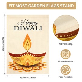 Happy Diwali Garden Flag Vertical Double Sided Lotus Flower Oil Lamp Linen Deepavali Garden Yard Flag Sign Decoration for Indian Diwali Outdoor Garden Yard Decorations 12.6 x 18 Inch