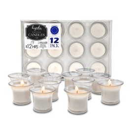 Hyoola Clear Cup Filled Votive Candles Unscented - White -12 Hour Burn Time (12-Pack), Ideal Wedding Candles, European Made