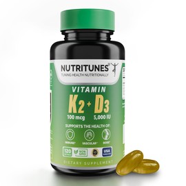 Nutritunes Nutritunes Vitamin K2 + D3 - Supports Heart, Bone & Immune Health - 100 mcg K2 (MK-7) & 5000 IU D3 - Non-GMO, Free from Gluten, Soy, & Lactose - 120 Softgels, 4-Month Supply