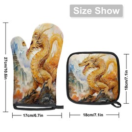 Gold Dragon Oven Mitt Pot Holder Sets for Kitchen Heat Resistant Oven Gloves Hot Pads Non-Slip Mittens Potholders Insulated Pan Pads Decorative Home for BBQ Baking Cooking Grilling
