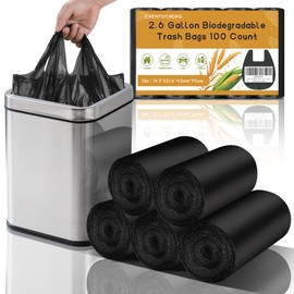 2.6 Gallon Small Black Bathroom Trash-Bags - Compostable Mini Garbage Bags With Handle 100 Count Biodegradable Little Waste Basket Kitchen Office Car Unscented Tiny Liners Strong Thick Chenyucheng