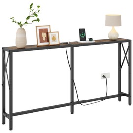 Gewudraw Console Table with Oulets and USB Ports, 55.1" Sofa Table Behind Couch, Industrial Long Skinny Stand for Hallway, Living Room, Bedroom, 6.5 Feet Power Cord, Rustic Brown