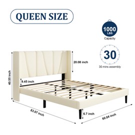 Queen Bed Frame with Headboard and Wingback, Velvet Upholstered Platform Bed, Mattress Foundation with Wooden Slat Support, No Box Spring Needed, Easy Assembly, Noise Free, Beige