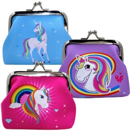 MIJOMA Set of 3 Unicorn Wallet for Children, Approx. 9 x 8 cm, Change Purse with Kiss Lock Closure, Assorted in Pink, Blue & Purple, Unicorn Motif, Made of Plastic