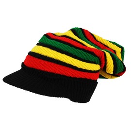 Itzu Rasta Oversized Knit Slouch Peak Beanie Cap Hat in Black (Striped Piping)