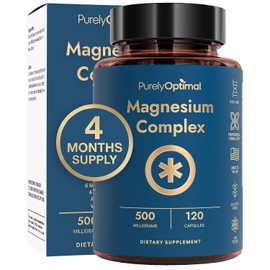 Purely Optimal Complejo de magnesio - 6 formas Glicinato, citrato y malato de magnesio - Apoyo para dormir, alivio del estrés, músculos, salud cardíaca y relajación - Suplemento de magnesio