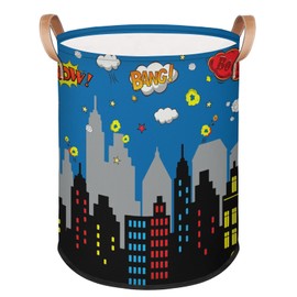 Large Baby Laundry Hamper - Comic City Hero Collapsible Kids Laundry Basket with Handle Building Silhouettes Clothes Organizer Toy Storage Bin for Boys Girls Nursery 62L